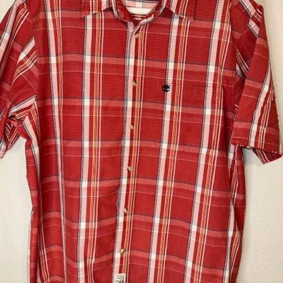 Timberland Men's short sleeve button up logo shirt Large red plaid pattern - Picture 2 of 7